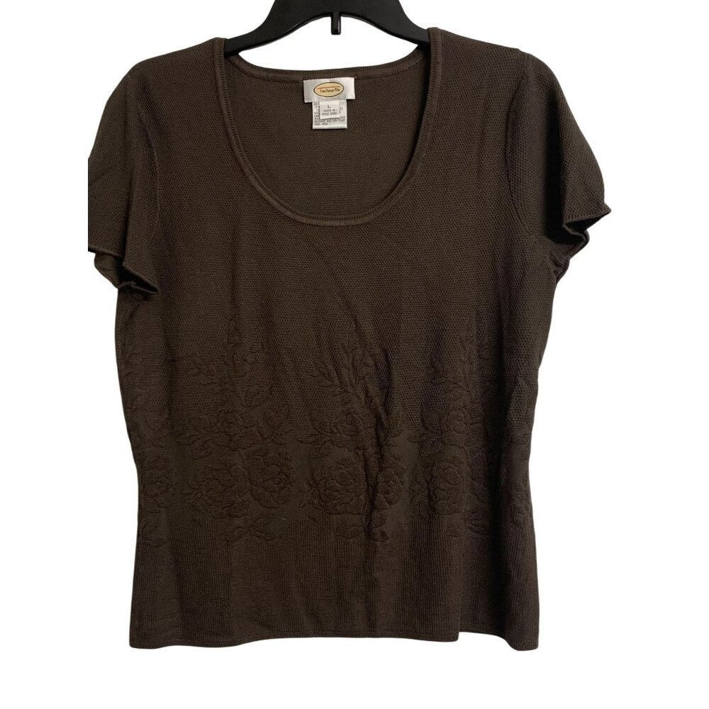 Talbots L Floral Knit Minimalist‎ Casual Scoop Neck Top Brown
